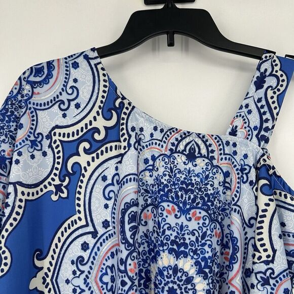 One World Boho Top Blue Mixed Pattern One Cold Shoulder Stretch Whimsy Size XL - Picture 2 of 9